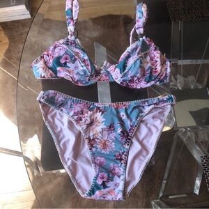 Capittana Floral Two-Piece Bikini Set in Teal and Pink size medium